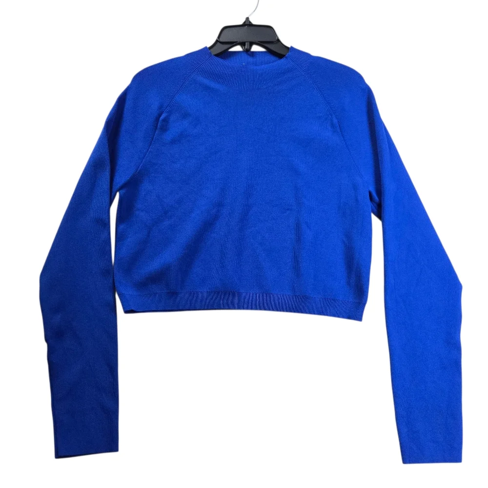 COS Large Cropped Knitted Mock-Neck Top Bright Blue Long-Sleeve Stretch - Picture 1 of 11